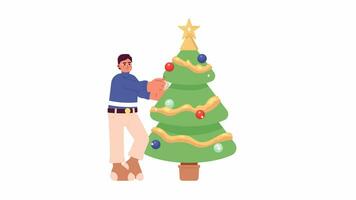 Eyeglasses asian man decorating Christmas tree 2D character animation. Flat cartoon 4K video, transparent alpha channel. Japanese guy hanging bauble on spruce animated person on white background video