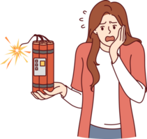 Frightened woman holds dynamite in hands and panics when she learns that explosion is coming png