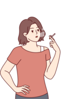 Smoking woman with cigarette in hand stands near skull made smoke, symbolizing death from nicotine png
