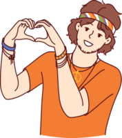 Hippie man demonstrates heart gesture made from fingers and calling for pacifism png