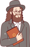 Jewish man with long hair and beard holds torah book with star of david on cover png