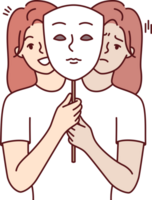 Woman suffers from bipolar disorder and problems due to sharp change mood and holds mask in hands png