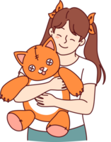 Little girl holds plush cat and smiles and rejoices at presence of favorite toy. png