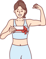 vrouw houdt geschenk certificaat voor geschiktheid club en shows biceps, aandringen op u naar Doen sport png