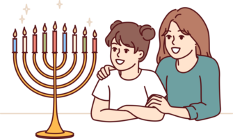 Preteen girls sisters look at menorah with burning candles and rejoice at approach holiday hanukkah png