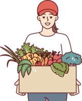 Woman farmer holds box of vegetables and fruits, offering to buy organic food at bargain price png