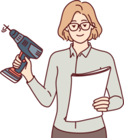 Woman with electric screwdriver holds paper manual with instructions for self-assembly of furniture png