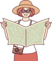 vrouw toerist toepassingen papier kaart naar navigeren en vind populair attracties of routebeschrijving naar hotel png
