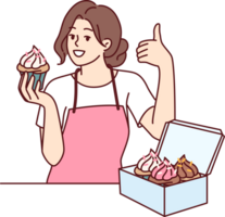 Woman pastry chef holding cupcake and showing thumb up, standing near box of muffins or desserts png