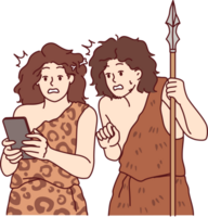 Ancient people with mobile phone in hands marvel at technology from future during random time travel png