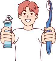 Little boy holds toothpaste and toothbrush recommending brushing teeth regularly png