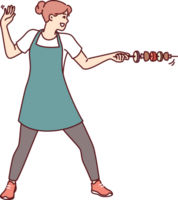 Housewife woman with vegetable kebab stands in swordsman pose and uses skewer instead of sword png