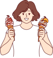 Teenage woman holds two ice creams with fruit syrup and waffle cone and looks at screen smiling png