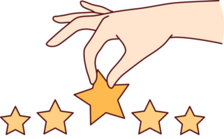 Hand with stars is metaphor feedback from customer positively evaluating service and giving rating 5 png