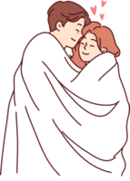 Romantic man and woman wrapped in white blanket embrace and feel love and passion png