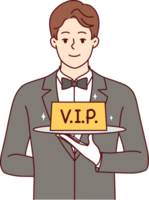 Man restaurant waiter holds vip sign on tray, offering to book table with personalized service png