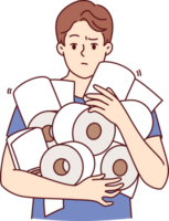 Man holds pile toilet paper in hands, having experienced panic due to announcement of storm warning png