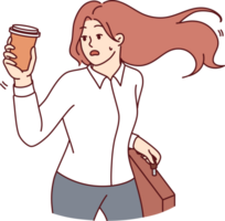Late woman office clerk runs with coffee in hands to be on time for business meeting with boss png