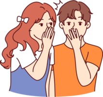 Little girl whispers in boy ear, telling secret news or sharing amazing gossip about classmates png