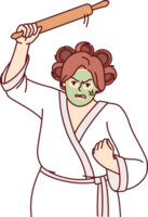 Aggressive woman holding rolling pin and threatening to be beaten, dressed in bathrobe with curlers png