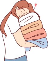 Woman with clothes in hands, enjoys softness of towels after using fabric softener to wash png