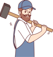 Bearded man with hammer works at construction site, dressed in overalls with cap png