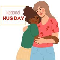 National Hug day.The woman hugging a dark skin woman.Women hugging. vector