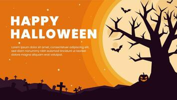 Happy Halloween with an orange background and a tree silhouette. This vector illustration features Halloween pumpkins, bats, and gravestones, with a copy space area.