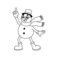 gracioso retro monigote de nieve personaje. vector ilustración en línea estilo.