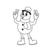 Funny retro snowman character. Vector illustration in line style.