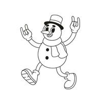 gracioso retro monigote de nieve personaje. vector ilustración en línea estilo.