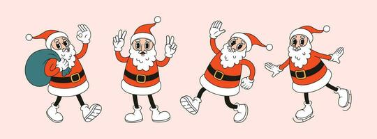 Funny happy Santa Claus character in different poses. Groovy vector illustration in retro style.