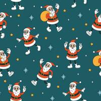 Christmas seamless pattern with cartoon Santa Claus. Groovy funky vector illustration in retro style.