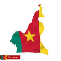 Camerún mapa con ondulación bandera de país. vector