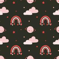 Seamless pattern with clouds, rainbow, planet and hearts. Background for wrapping paper, greeting cards and seasonal designs. Happy Valentine's day. vector