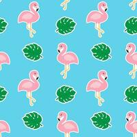 Beautiful seamless tropical pattern with pink flamingos and monstera leaves on a blue background. Abstract summer texture. Design for fabric, wallpaper, textile and decor. vector