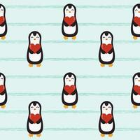 Seamless pattern with blue grunge stripes and penguins. Valentines day background. Vector background design for fabric and decor.