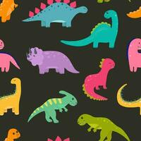 Vector seamless childish pattern with colorful dinosaurs. Baby background for nursery, wrapping paper, fabric, textile. Funny little dinosaur.