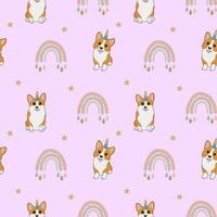 Seamless patten with corgi, stars and rainbows. Background for wrapping paper,  greeting cards, design. vector