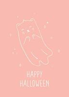 Halloween vector Illustration with cute ghost cat. Cute cat on pink background. Vector print for greeting card, poster, invitation or other printable designs.