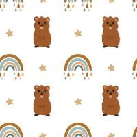 Seamless vector pattern with quokka and rainbow. Trendy baby texture for fabric, wallpaper, apparel, wrapping