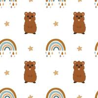 Seamless vector pattern with quokka and rainbow. Trendy baby texture for fabric, wallpaper, apparel, wrapping