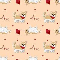 Seamless patten with shiba inu and hearts. Background for wrapping paper,  greeting cards and seasonal designs. Happy Valentine's day. vector