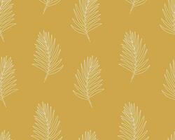 Seamless pattern with palm leaves on gold background. Continuous one line drawing palm leaf. White line art on gold background. vector