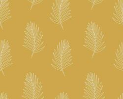 Seamless pattern with palm leaves on gold background. Continuous one line drawing palm leaf. White line art on gold background. vector