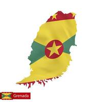 Grenada map with waving flag of country. vector