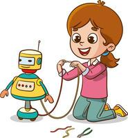 vector illustration of children playing with robot