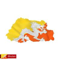 Bhutan map with waving flag of country. vector