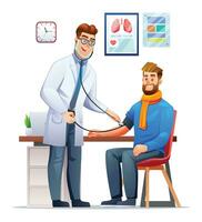 Doctor measuring blood pressure to patient in clinic. Healthcare medical examination concept. Vector cartoon character illustration