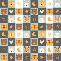 Seamless pattern with cute animal faces. Baby print with bears, rabbits, deer. Vector graphics.